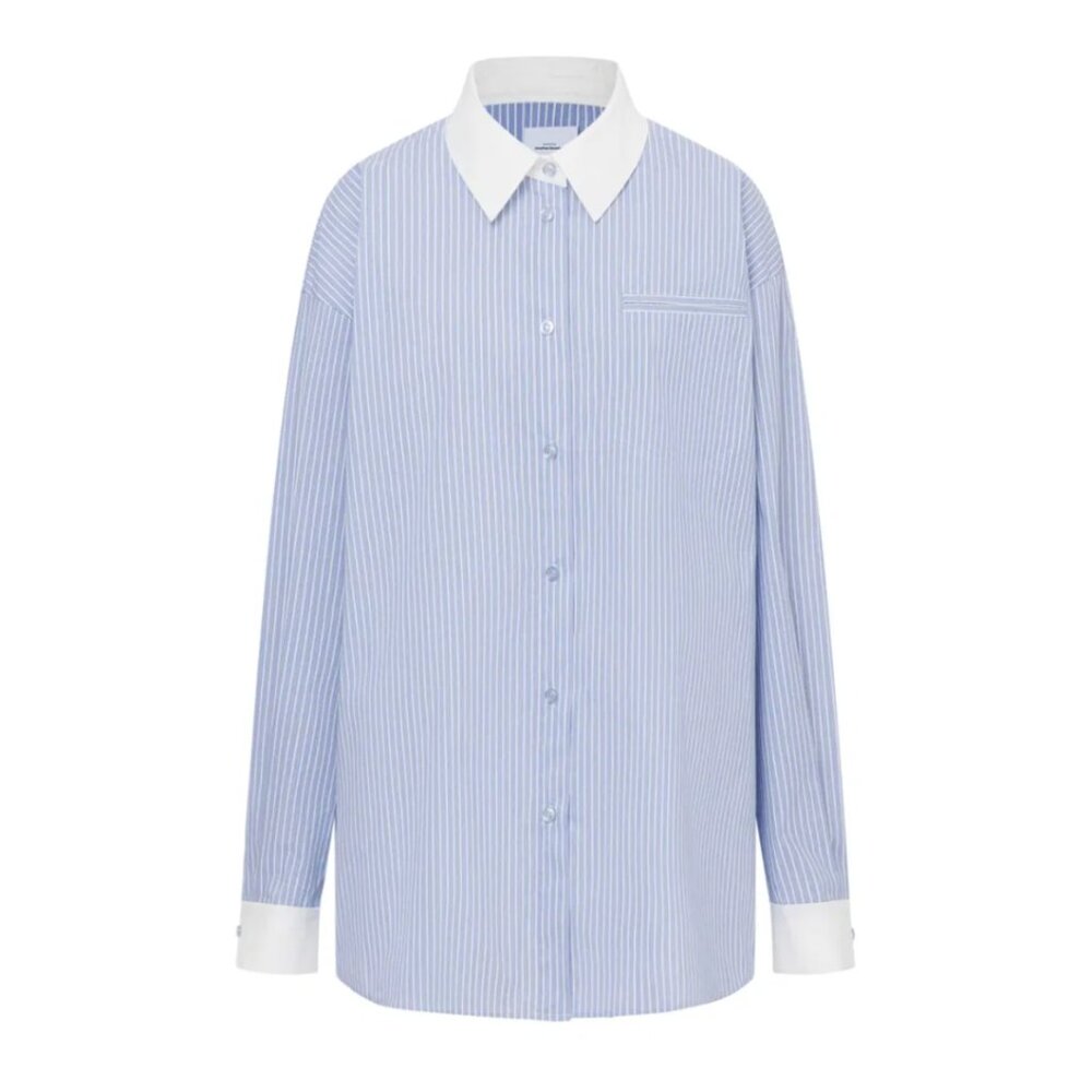 Nao Striped Shirt in Cotton Poplin, Blue Stripe, Size S